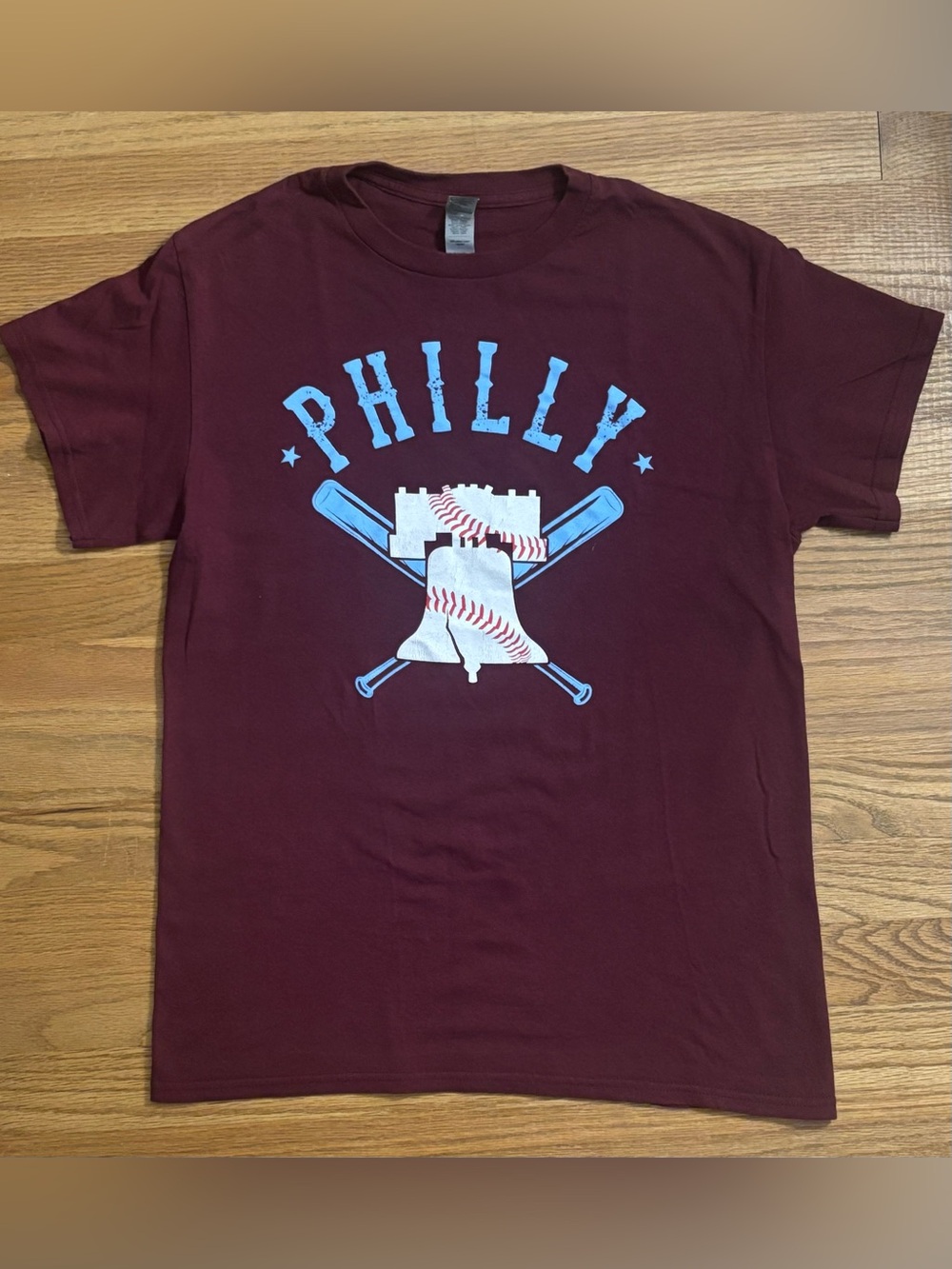 Maroon Philly Baseball Tee with Light Blue & White Graphic, size Small